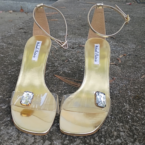 Clear And Gold Tone Ankle Strap Kitten Heel Sandals - Picture 2 of 5